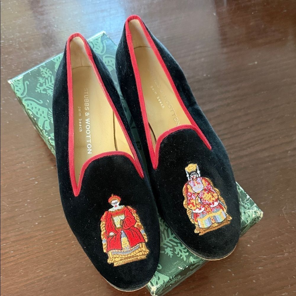 Stubbs & Wootton Black Velvet Loafers with Embroidered Figures